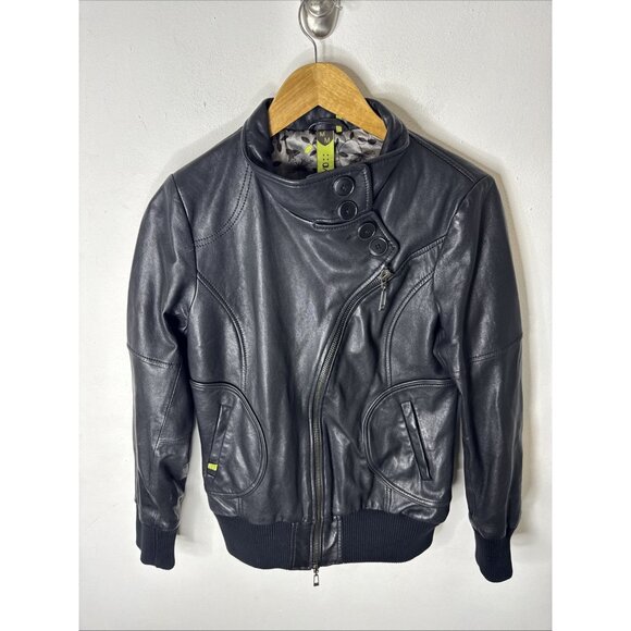 Soia & Kyo Genuine Leather Bomber Jacket Black Zip Up Ribbed Trim Women’s M - Picture 4 of 8